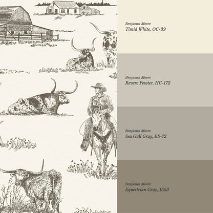Noemi Western Longhorn Cowboy Charcoal Cream Wallpaper