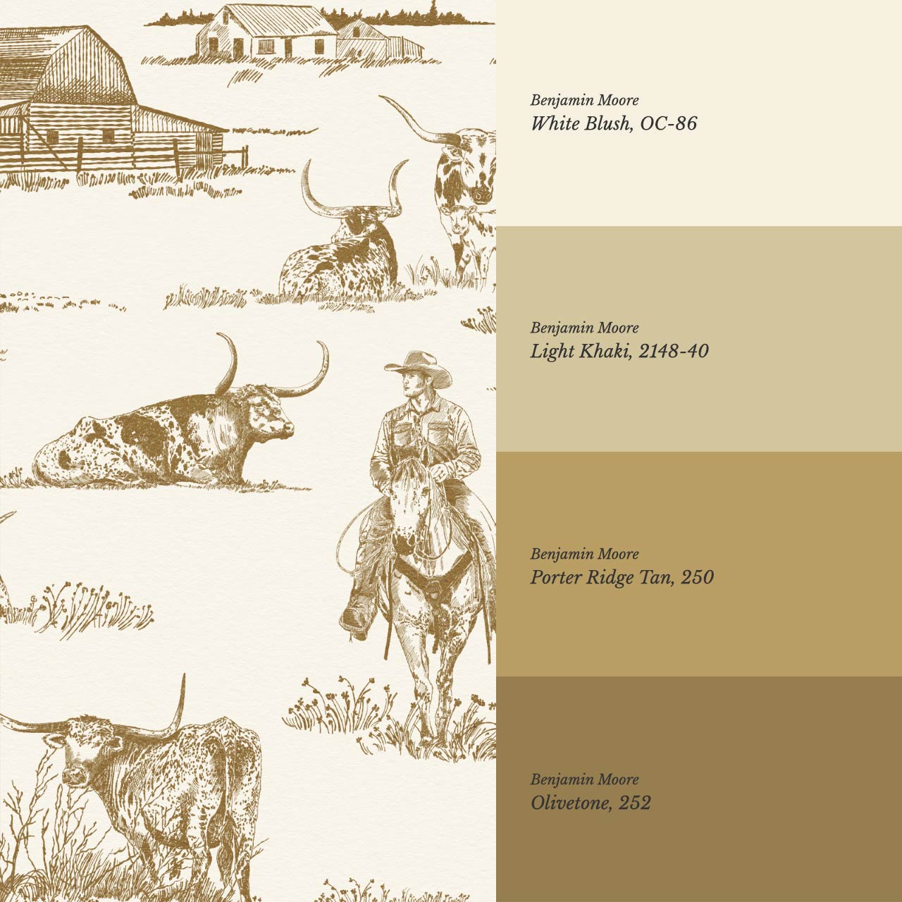 Noemi Western Longhorn Cowboy Olive Cream Wallpaper