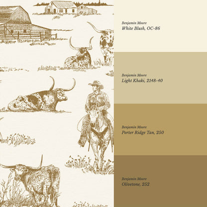 Noemi Western Longhorn Cowboy Olive Cream Wallpaper
