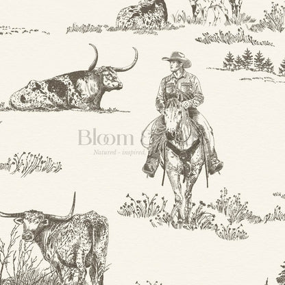 Noemi Western Longhorn Cowboy Charcoal Cream Wallpaper
