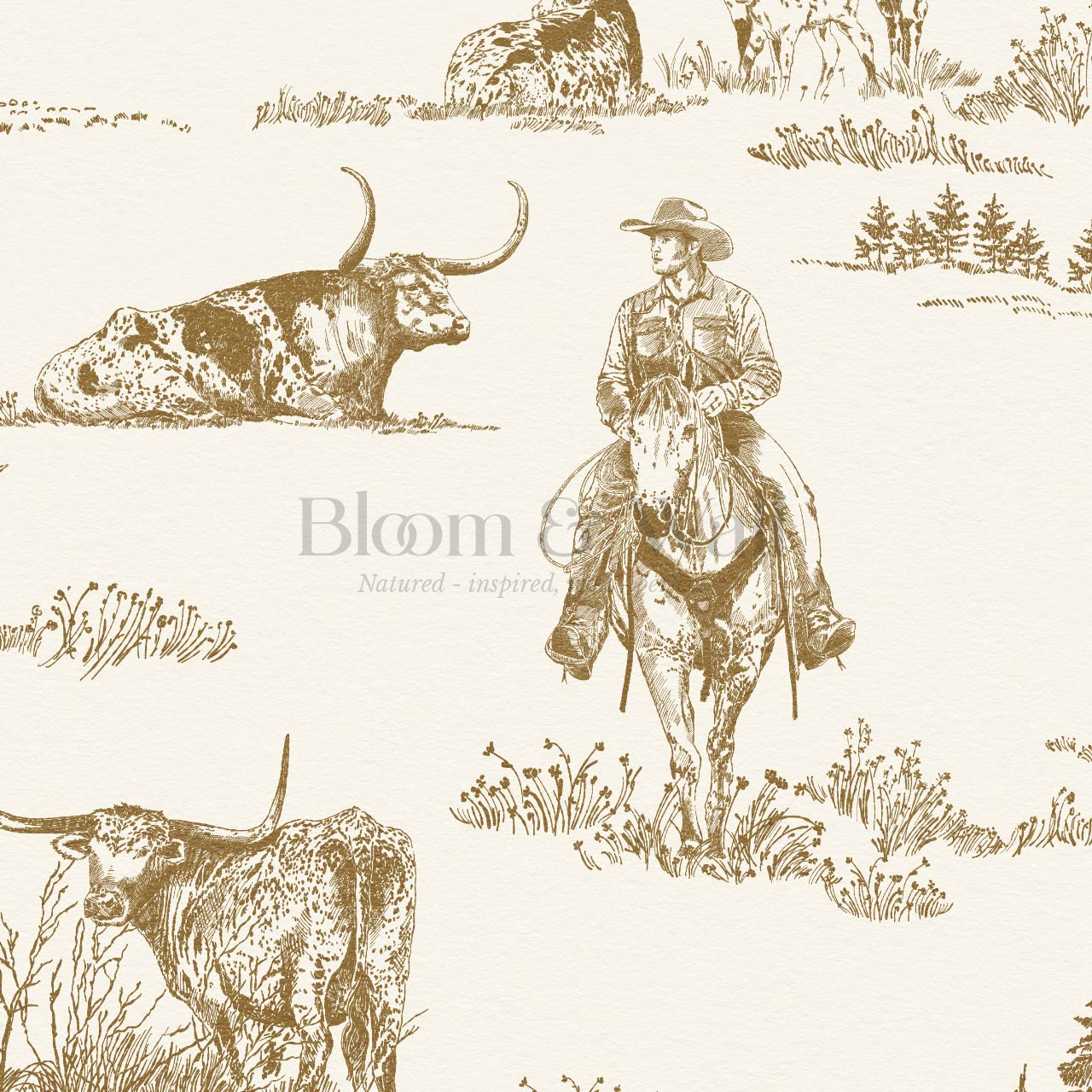 Noemi Western Longhorn Cowboy Olive Cream Wallpaper