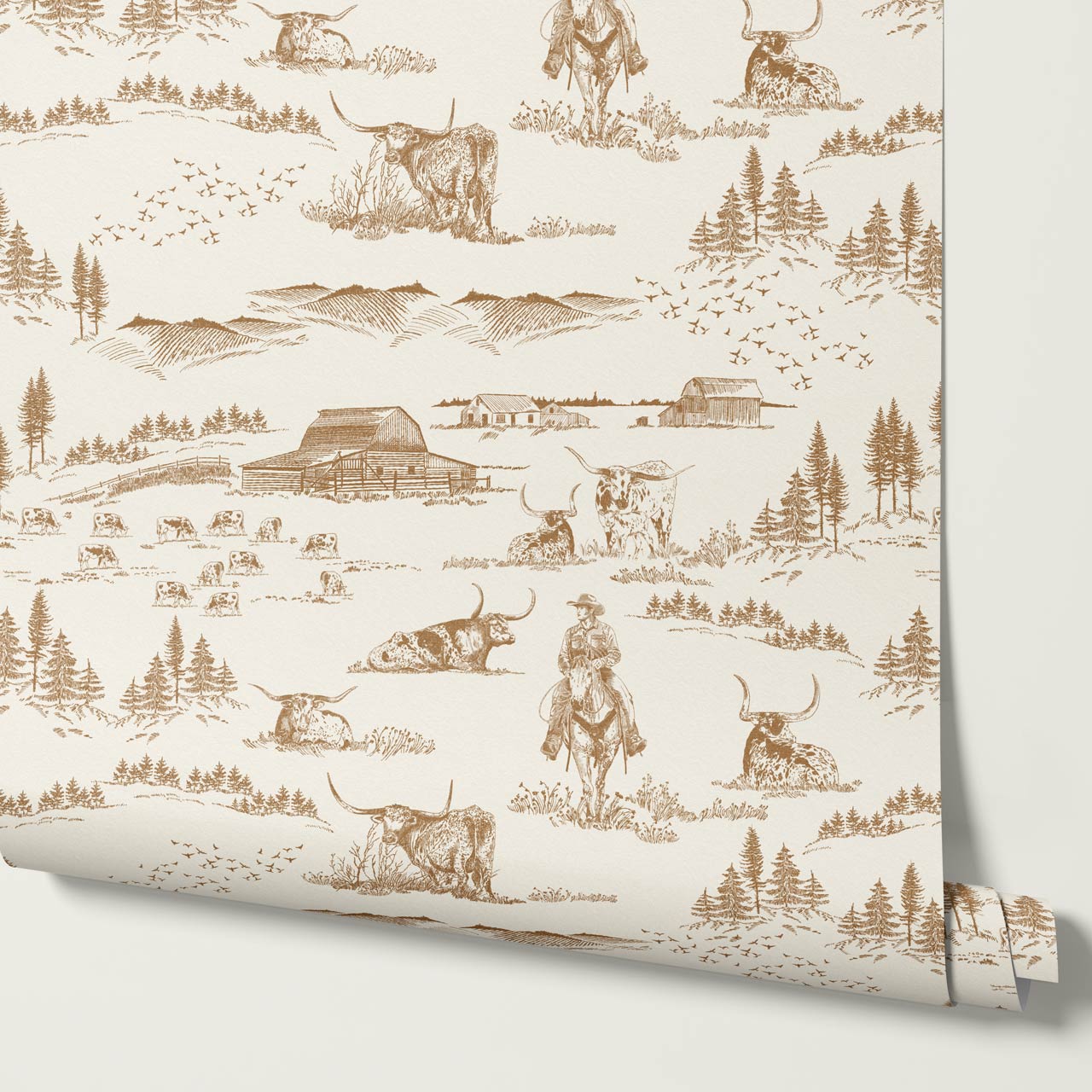 Noemi Western Longhorn Cowboy Tawny Cream Wallpaper