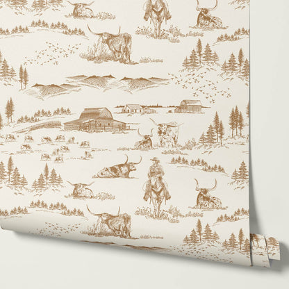 Noemi Western Longhorn Cowboy Tawny Cream Wallpaper