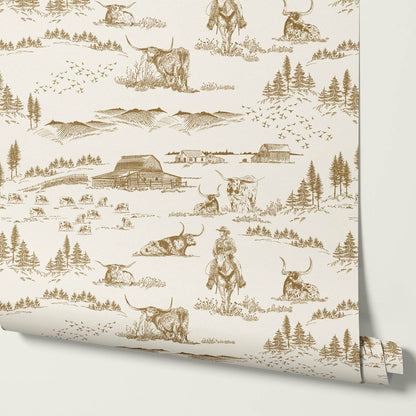 Noemi Western Longhorn Cowboy Olive Cream Wallpaper