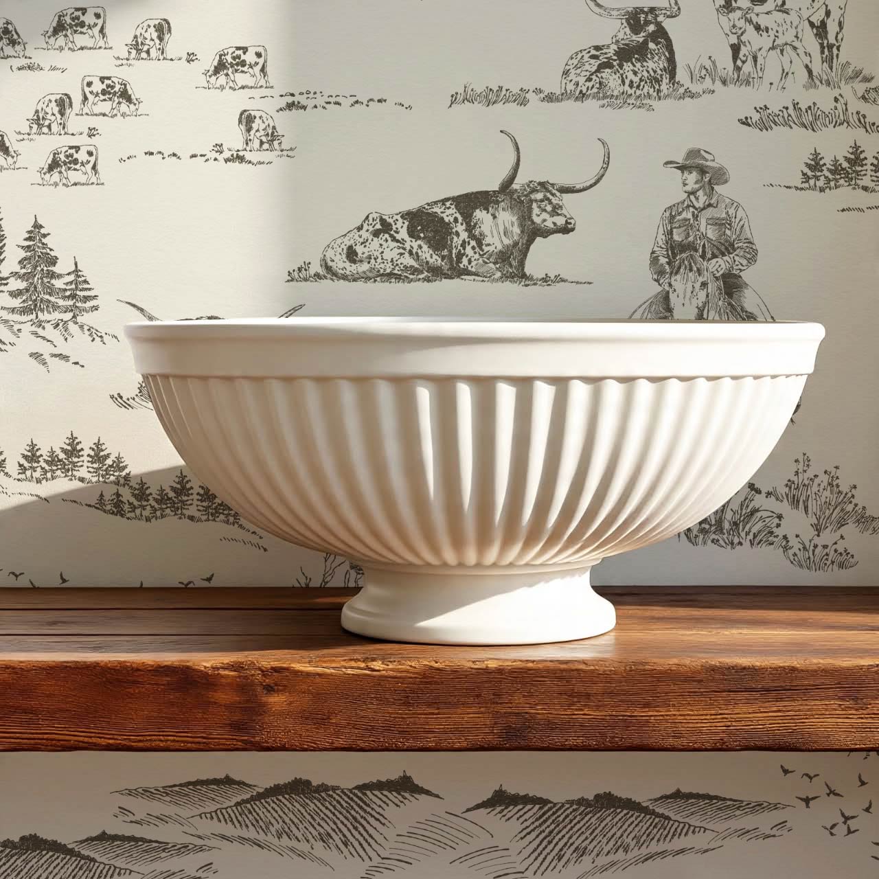Noemi Western Longhorn Cowboy Charcoal Cream Wallpaper
