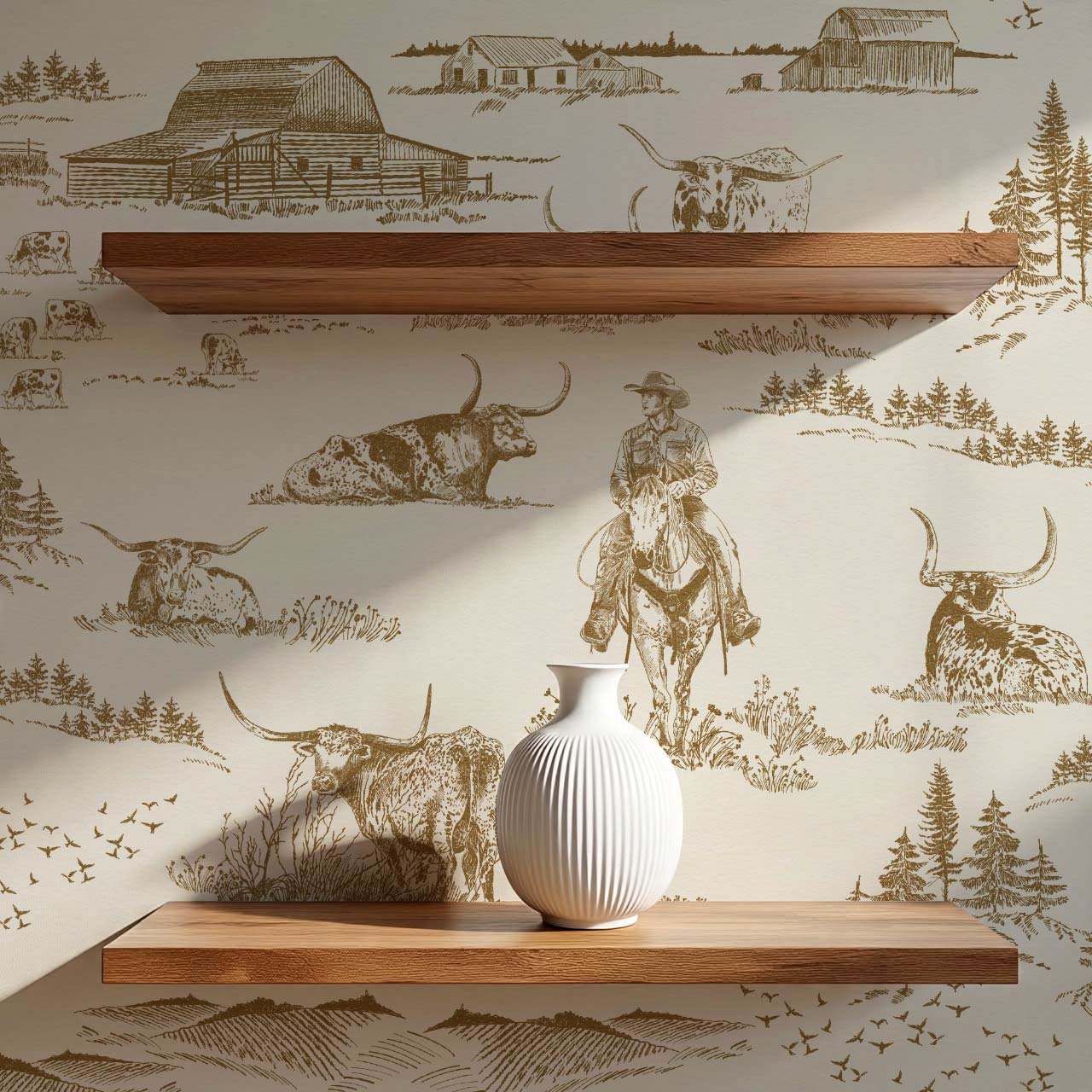 Noemi Western Longhorn Cowboy Olive Cream Wallpaper