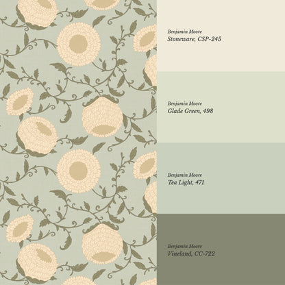Nora Woodblock Peony Butter Green Wallpaper