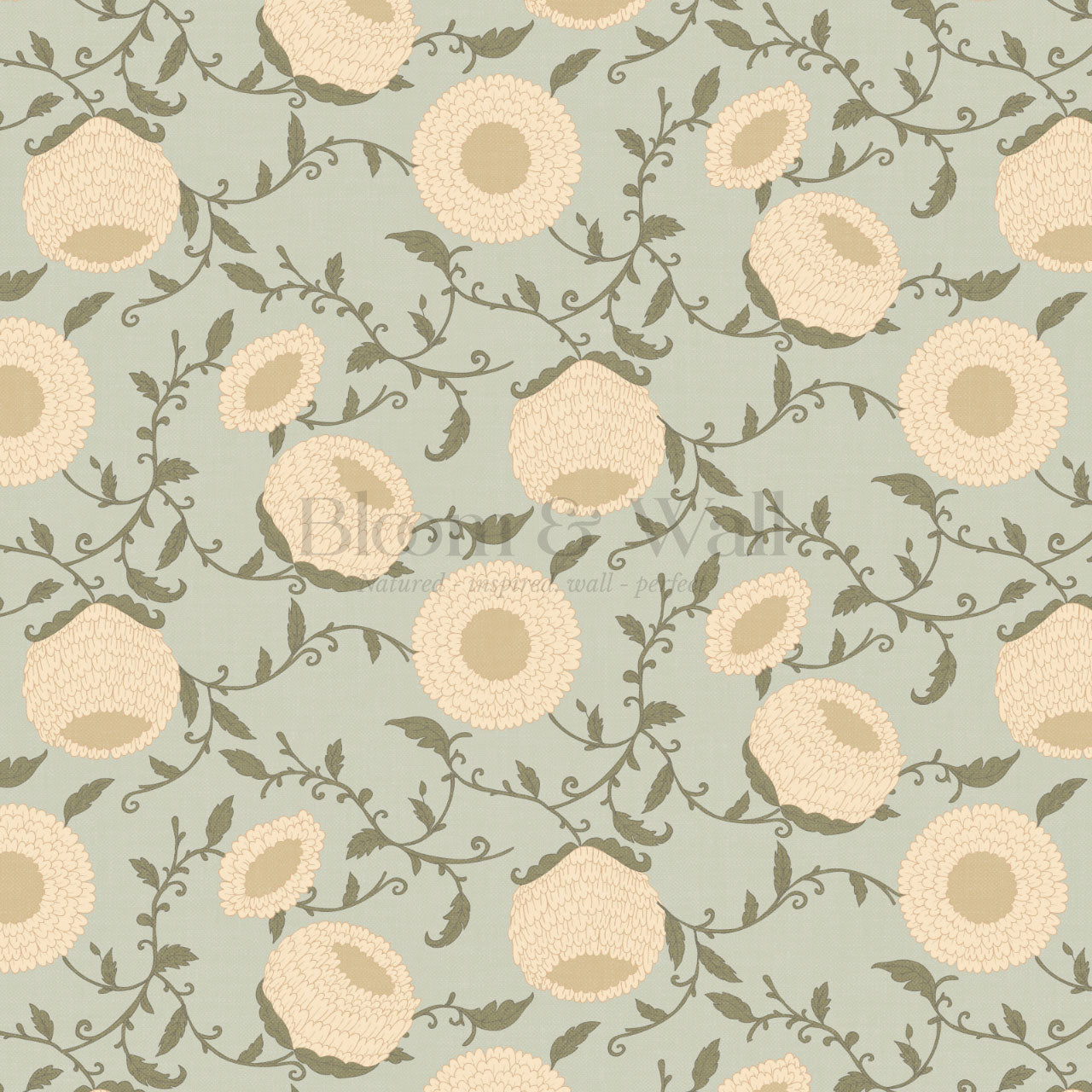 Nora Woodblock Peony Butter Green Wallpaper