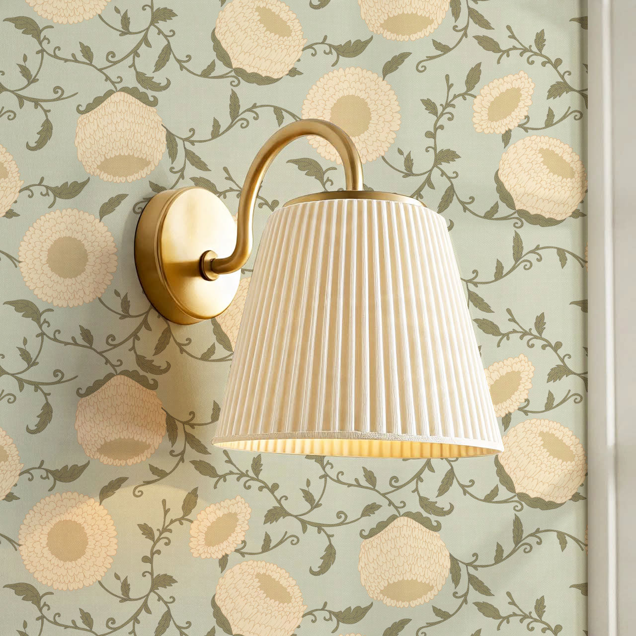 Nora Woodblock Peony Butter Green Wallpaper