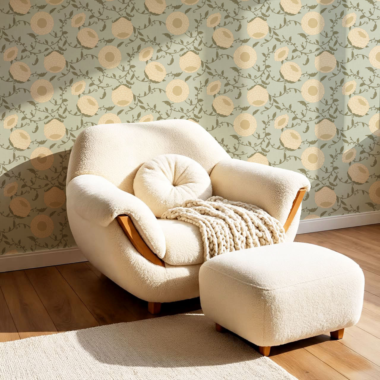 Nora Woodblock Peony Butter Green Wallpaper