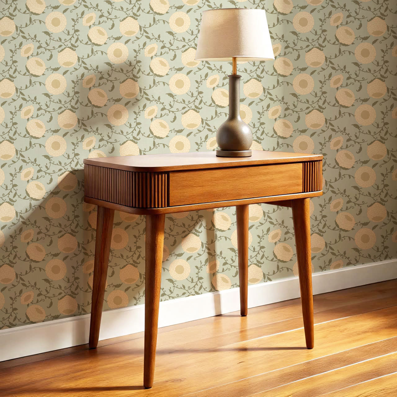 Nora Woodblock Peony Butter Green Wallpaper