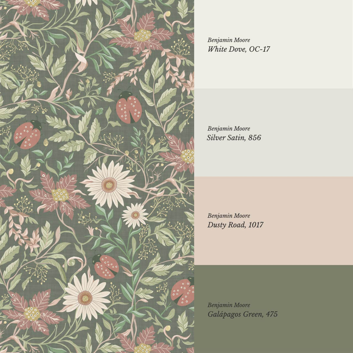 Noreen Ladybugs and Daisies Green Olive Dusty Pink Wallpaper