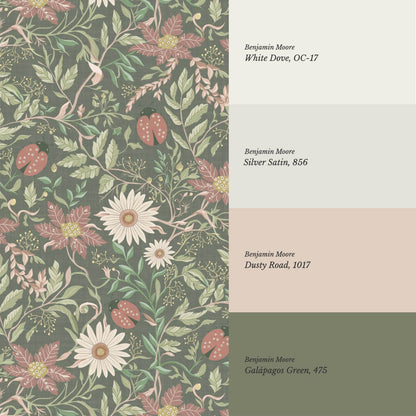 Noreen Ladybugs and Daisies Green Olive Dusty Pink Wallpaper