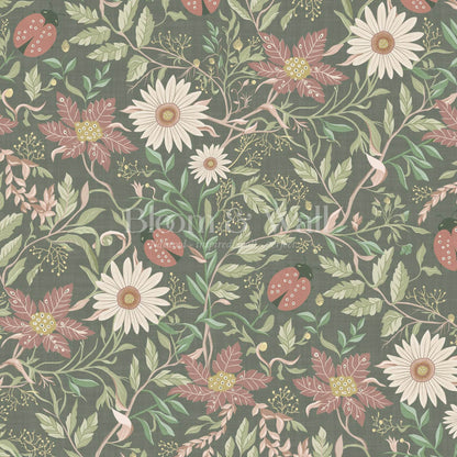 Noreen Ladybugs and Daisies Green Olive Dusty Pink Wallpaper
