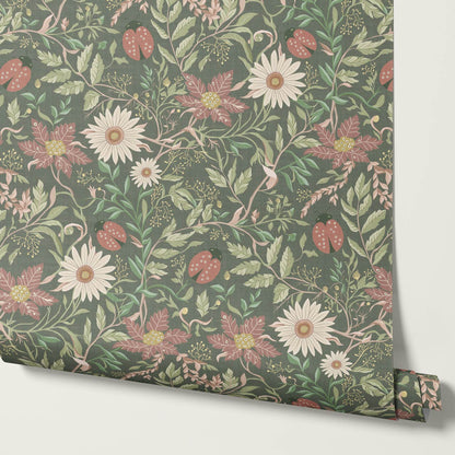 Noreen Ladybugs and Daisies Green Olive Dusty Pink Wallpaper