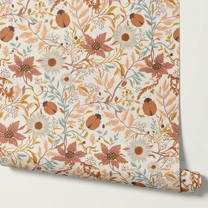 Noreen Ladybugs and Daisies Cream Mauve Rust Wallpaper