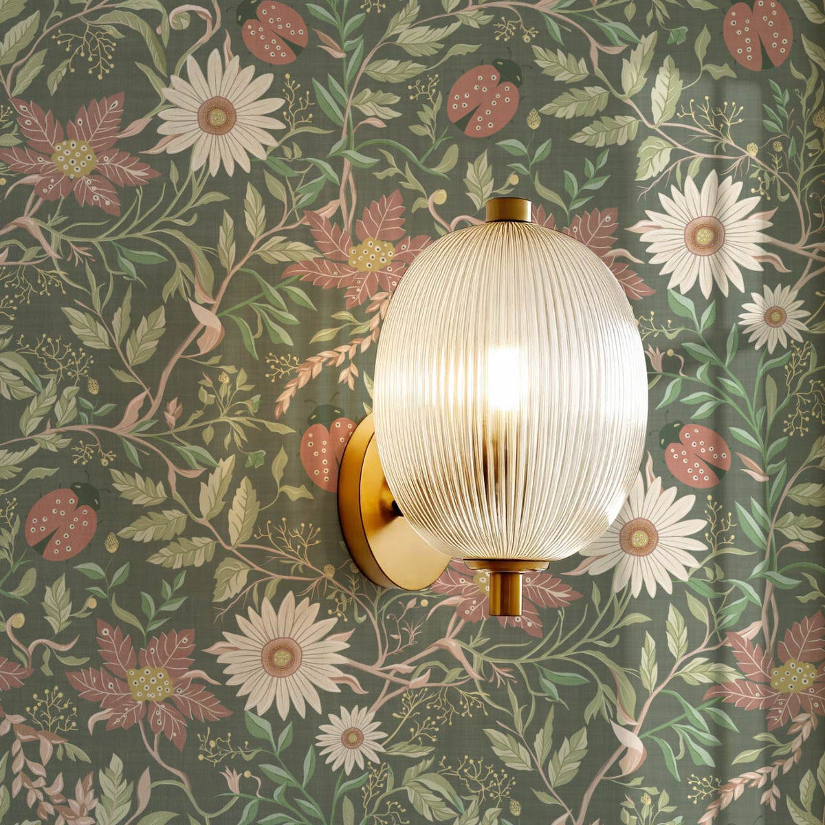Noreen Ladybugs and Daisies Green Olive Dusty Pink Wallpaper