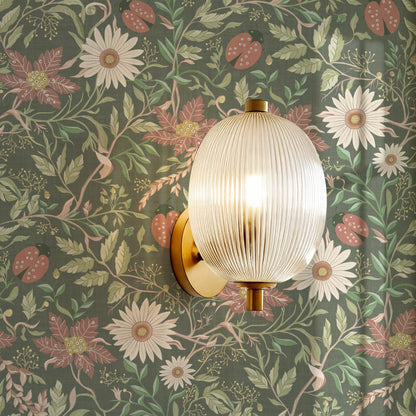 Noreen Ladybugs and Daisies Green Olive Dusty Pink Wallpaper