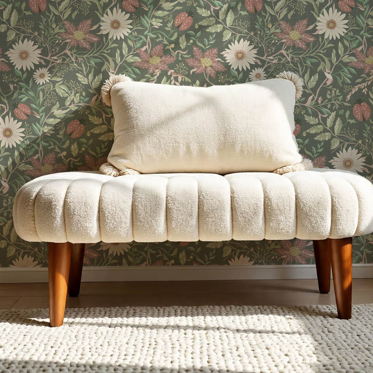 Noreen Ladybugs and Daisies Green Olive Dusty Pink Wallpaper