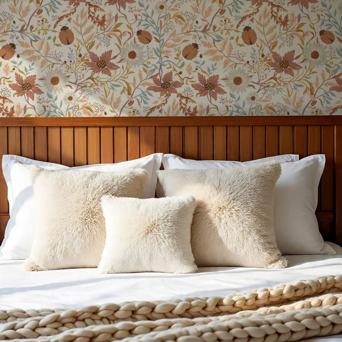 Noreen Ladybugs and Daisies Cream Mauve Rust Wallpaper