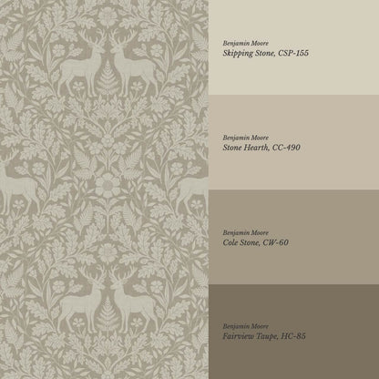Nefeli Stags Damask Olive Stone Wallpaper