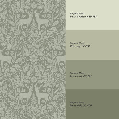 Nefeli Stags Damask Moss Green Wallpaper