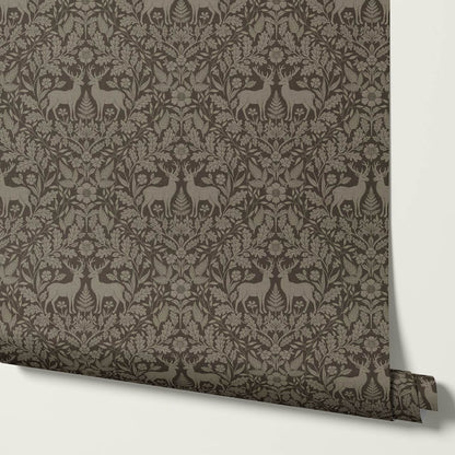 Nefeli Stags Damask Taupe Brown Wallpaper