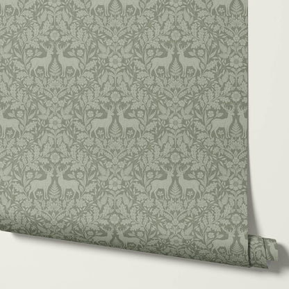 Nefeli Stags Damask Moss Green Wallpaper
