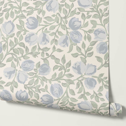 Novus Blooms French Blue Cream Wallpaper