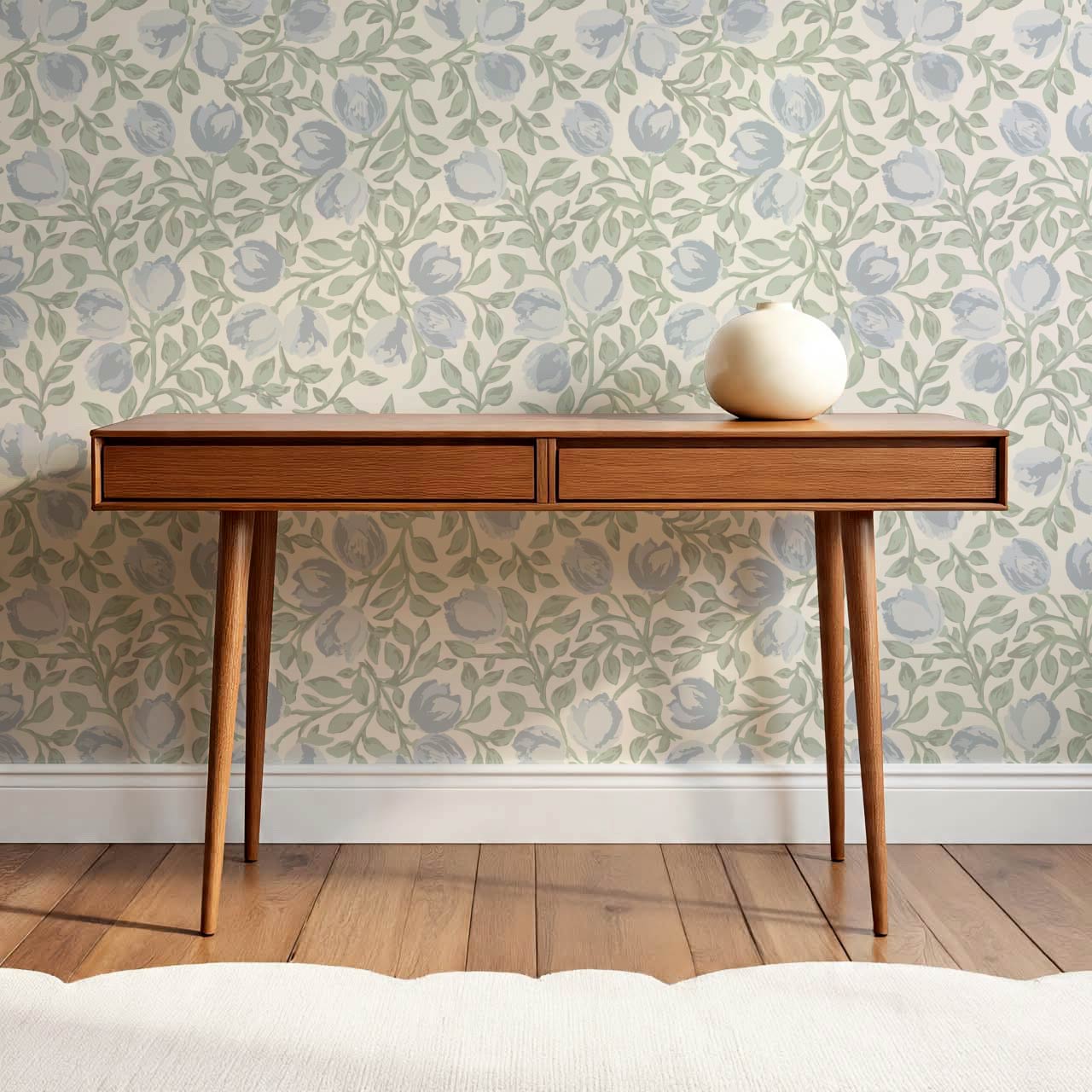 Novus Blooms French Blue Cream Wallpaper