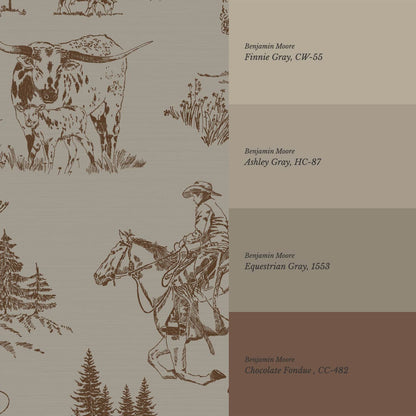 Oakley Cowboy Country Taupe Brown Toile Wallpaper