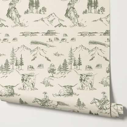 Oakley Cowboy Country Forest Green Toile Wallpaper