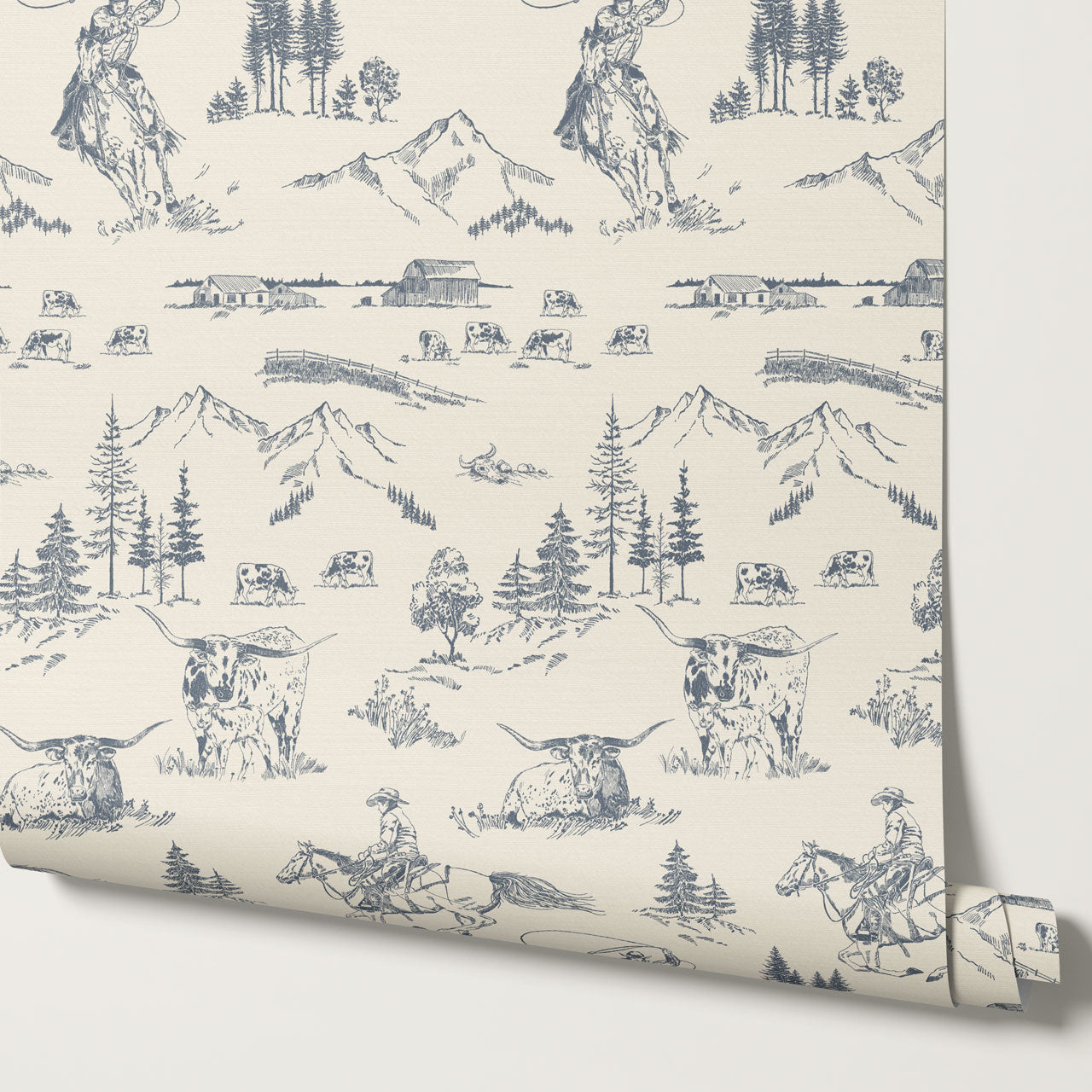 Oakley Cowboy Country Dusty Blue Toile Wallpaper