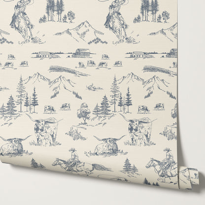 Oakley Cowboy Country Dusty Blue Toile Wallpaper
