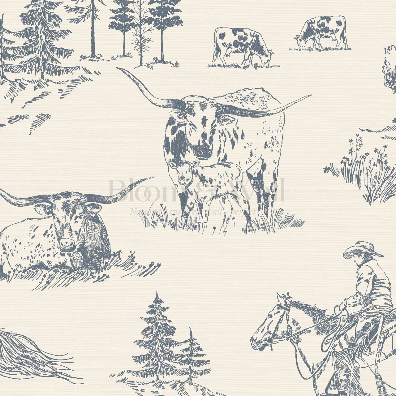 Oakley Cowboy Country Dusty Blue Toile Wallpaper