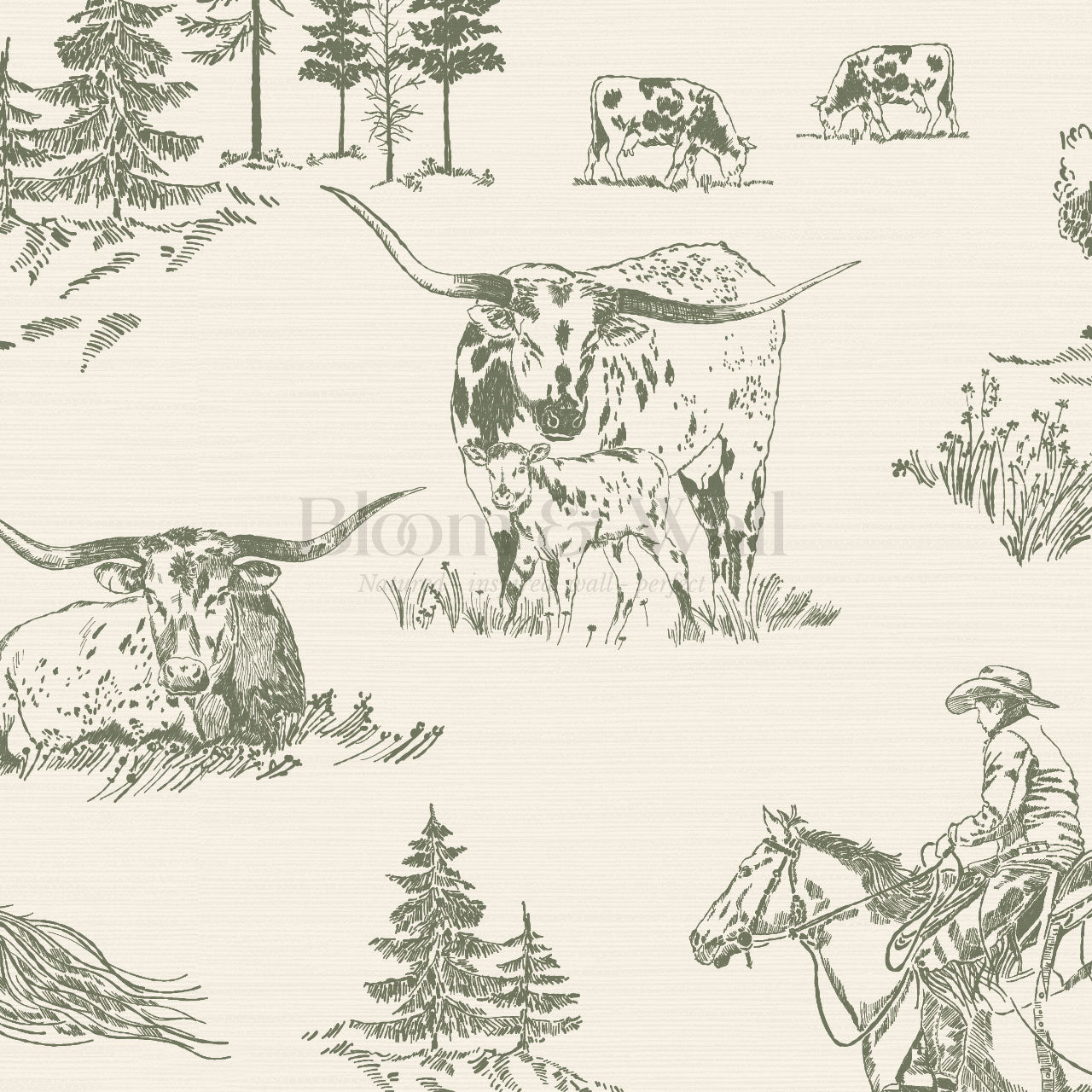 Oakley Cowboy Country Forest Green Toile Wallpaper