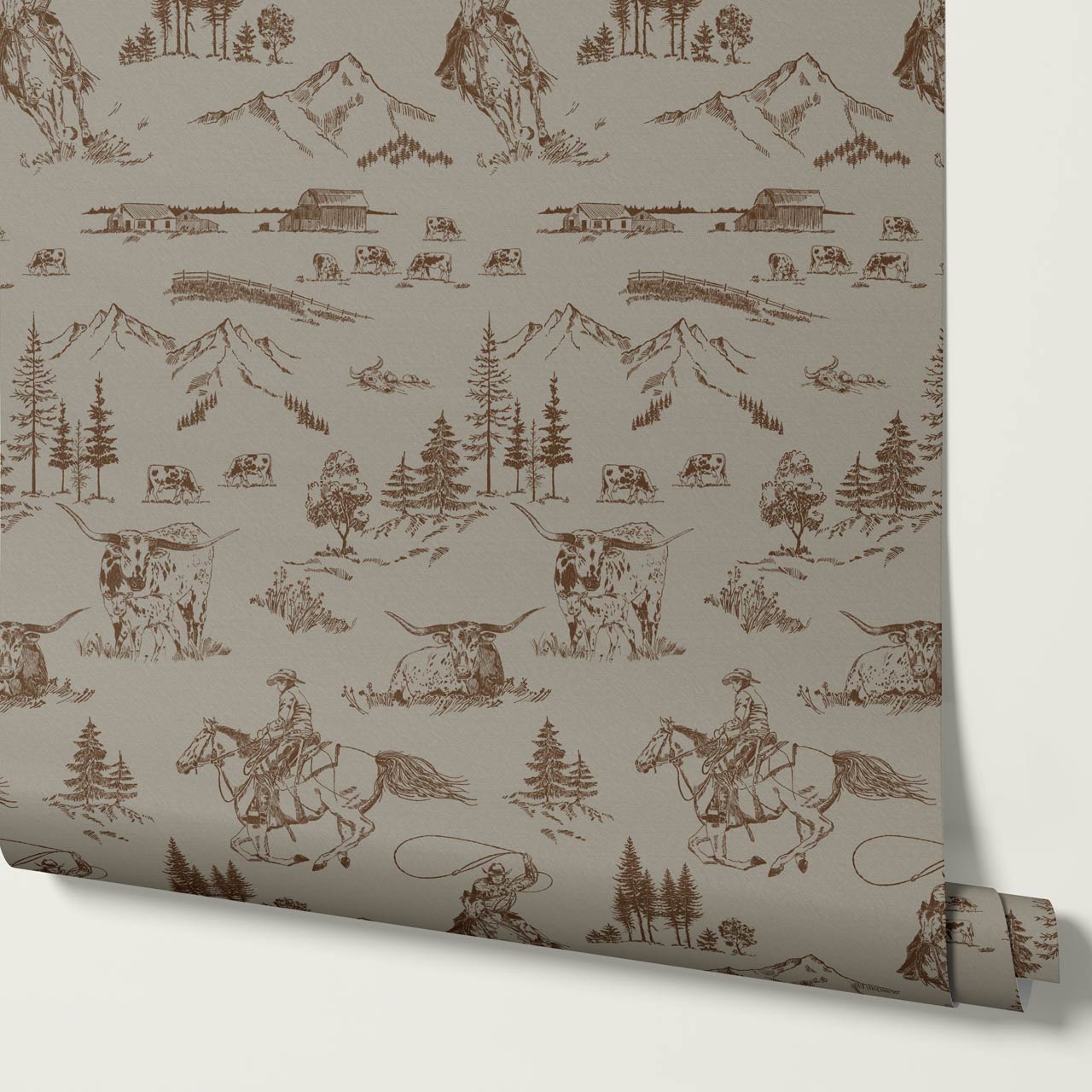 Oakley Cowboy Country Taupe Brown Toile Wallpaper