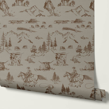 Oakley Cowboy Country Taupe Brown Toile Wallpaper