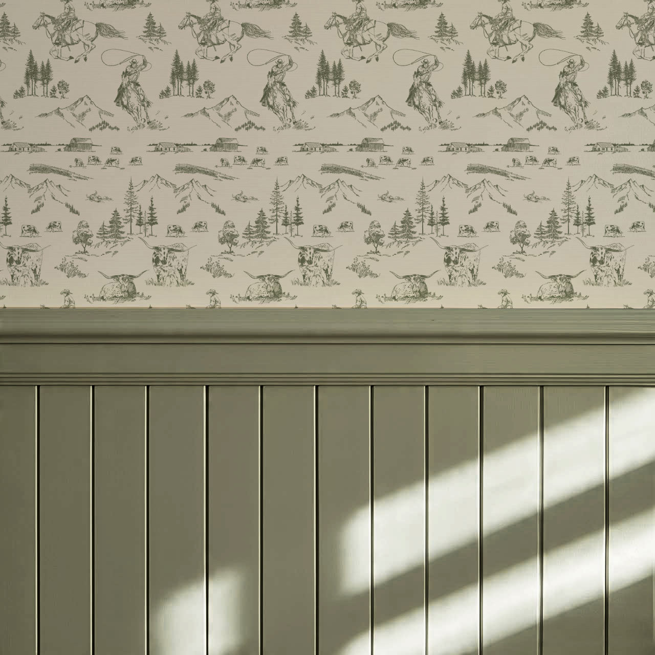 Oakley Cowboy Country Forest Green Toile Wallpaper