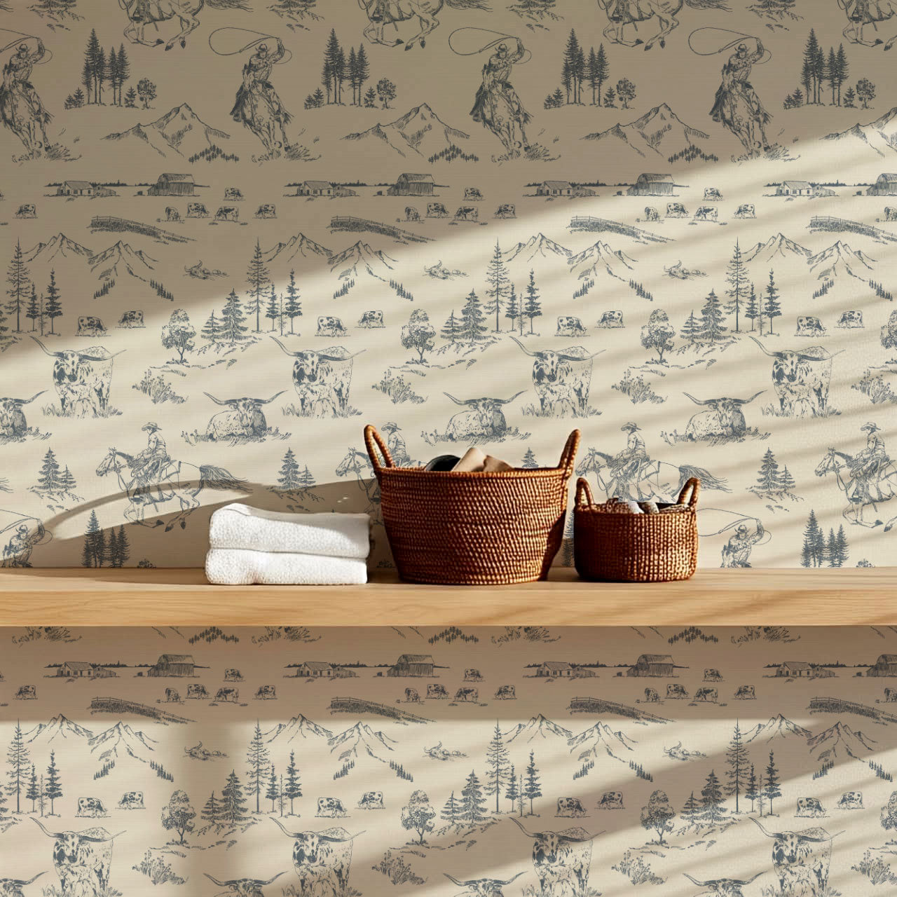 Oakley Cowboy Country Dusty Blue Toile Wallpaper