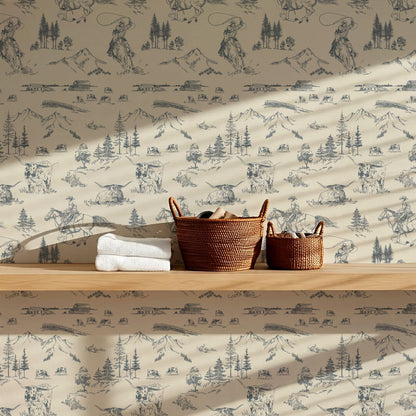 Oakley Cowboy Country Dusty Blue Toile Wallpaper