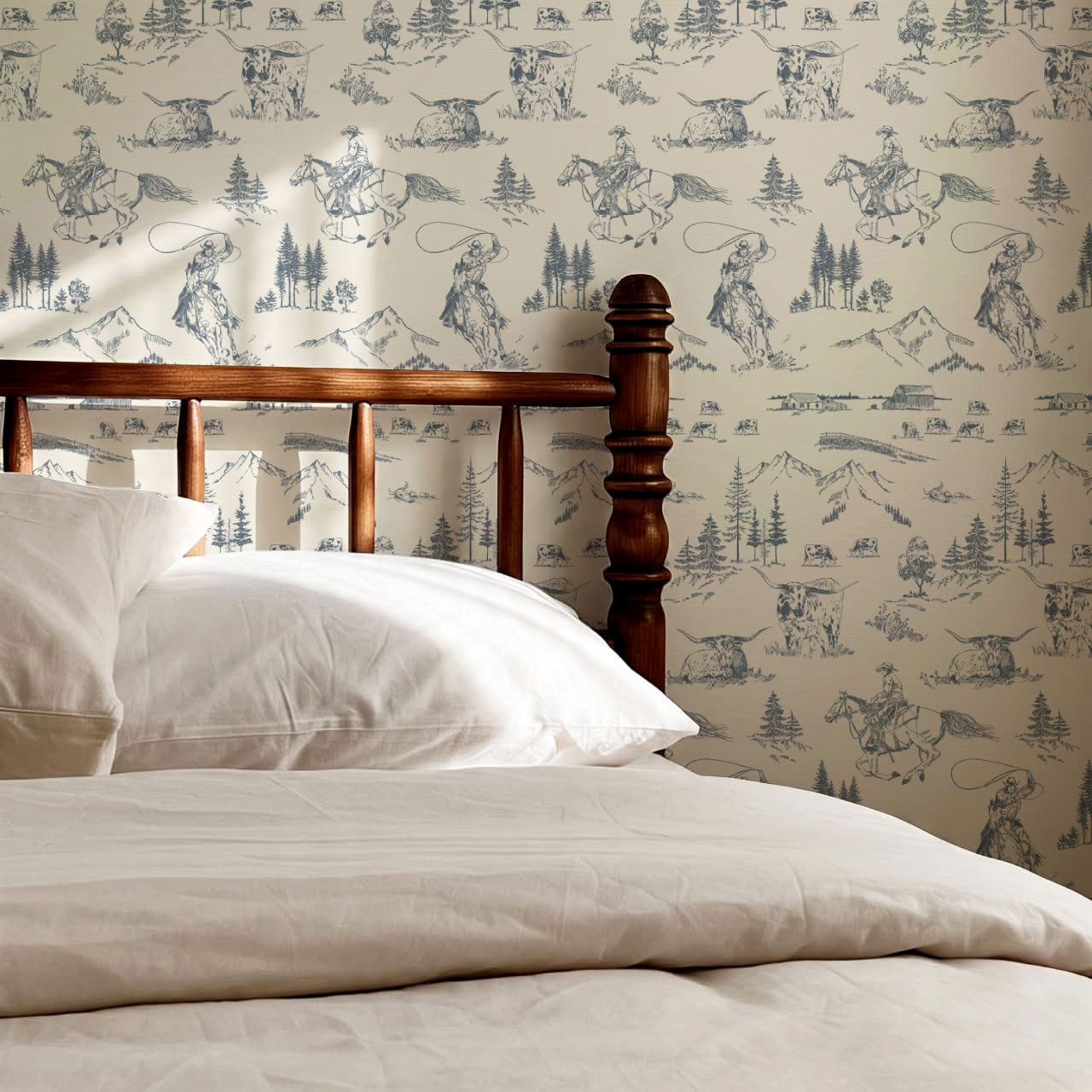 Oakley Cowboy Country Dusty Blue Toile Wallpaper