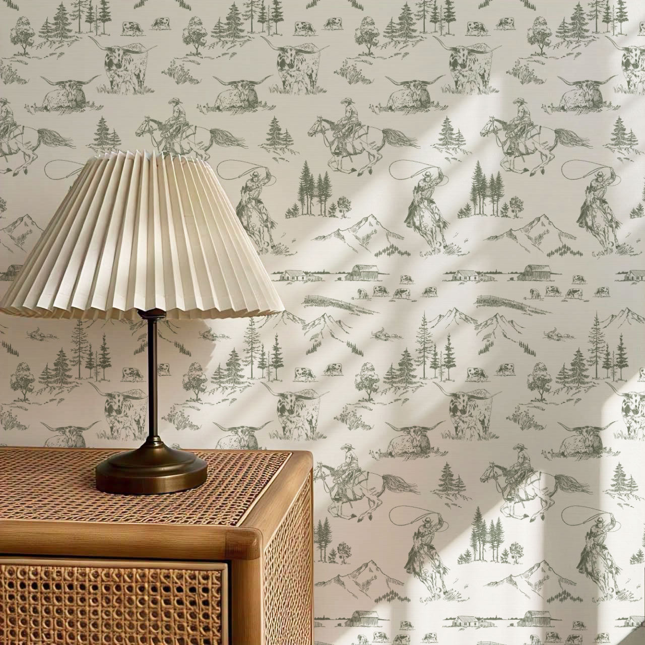 Oakley Cowboy Country Forest Green Toile Wallpaper