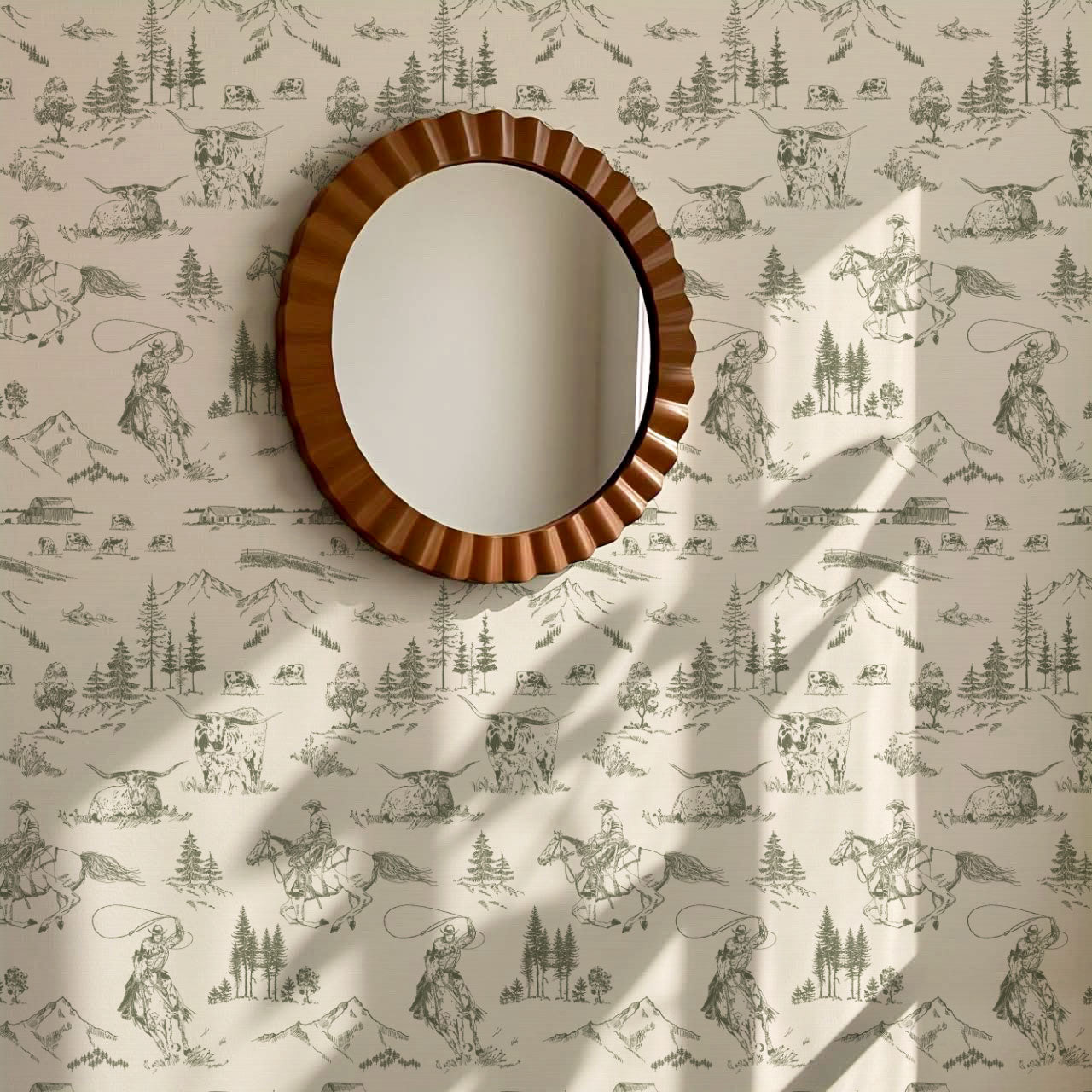 Oakley Cowboy Country Forest Green Toile Wallpaper