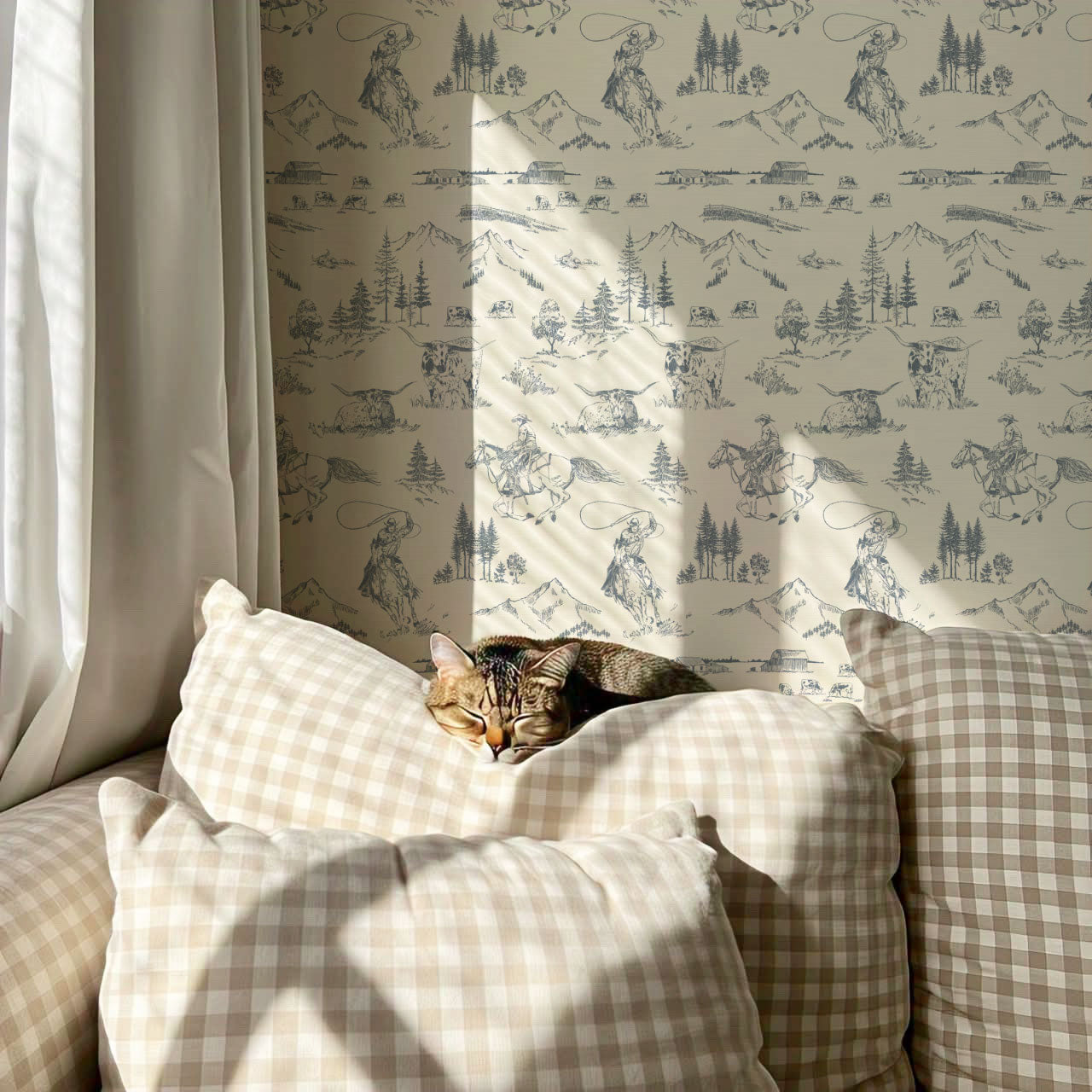 Oakley Cowboy Country Dusty Blue Toile Wallpaper