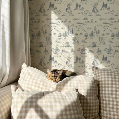 Oakley Cowboy Country Dusty Blue Toile Wallpaper