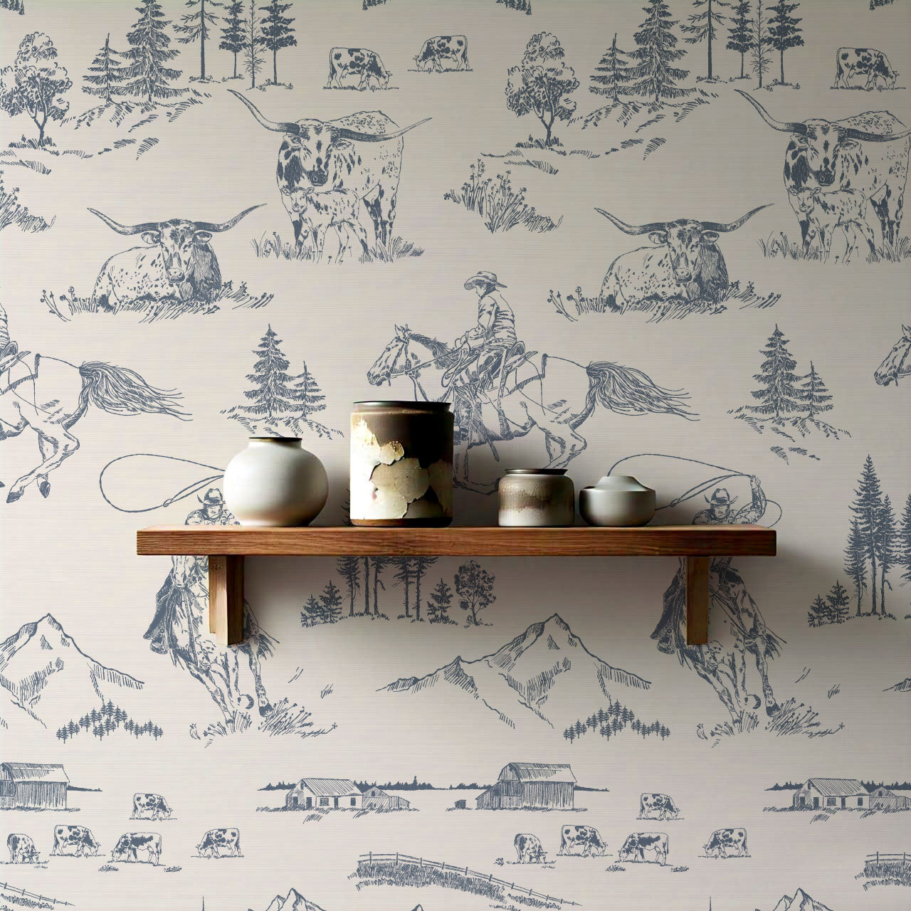 Oakley Cowboy Country Dusty Blue Toile Wallpaper