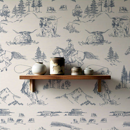 Oakley Cowboy Country Dusty Blue Toile Wallpaper
