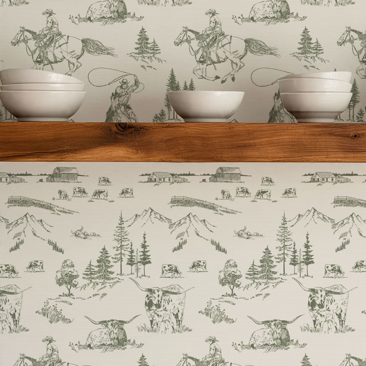 Oakley Cowboy Country Forest Green Toile Wallpaper