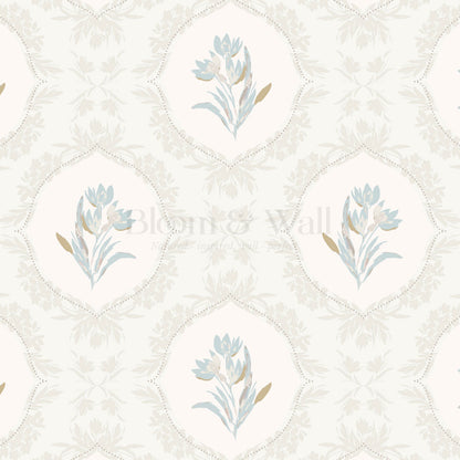 Oaklynn Baroque Blossom Blue Cream Wallpaper